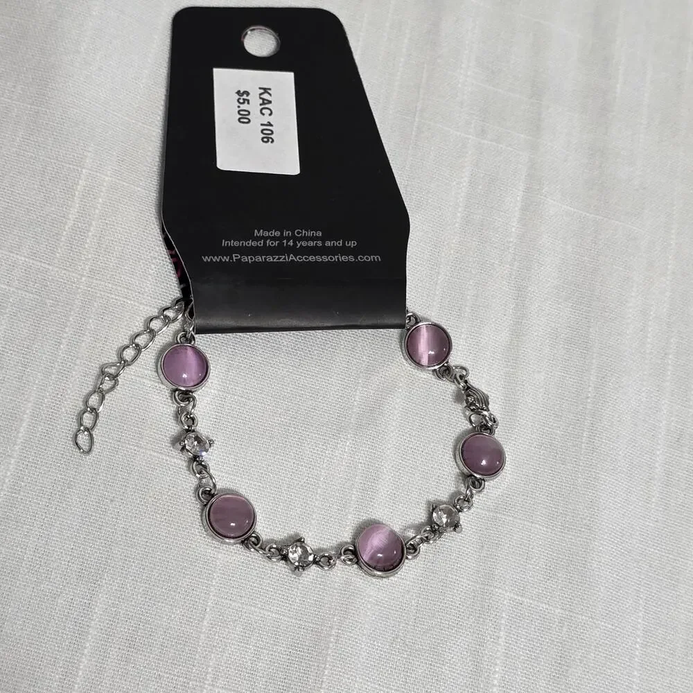 Paparazzi Pink Cat Eye Bracelet Silver Tone Clear Rhinestone Adjustable Jewelry